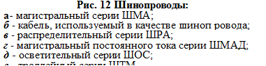 Подпись: Рис. 12 Шинопроводы: а- магистральный серии ШМА; б - кабель, используемый в качестве шиноп ровода; в - распределительный серии ШРА; г - магистральный постоянного тока серии ШМАД; д - осветительный серии ШОС; е - троллейный серии ШТМ 